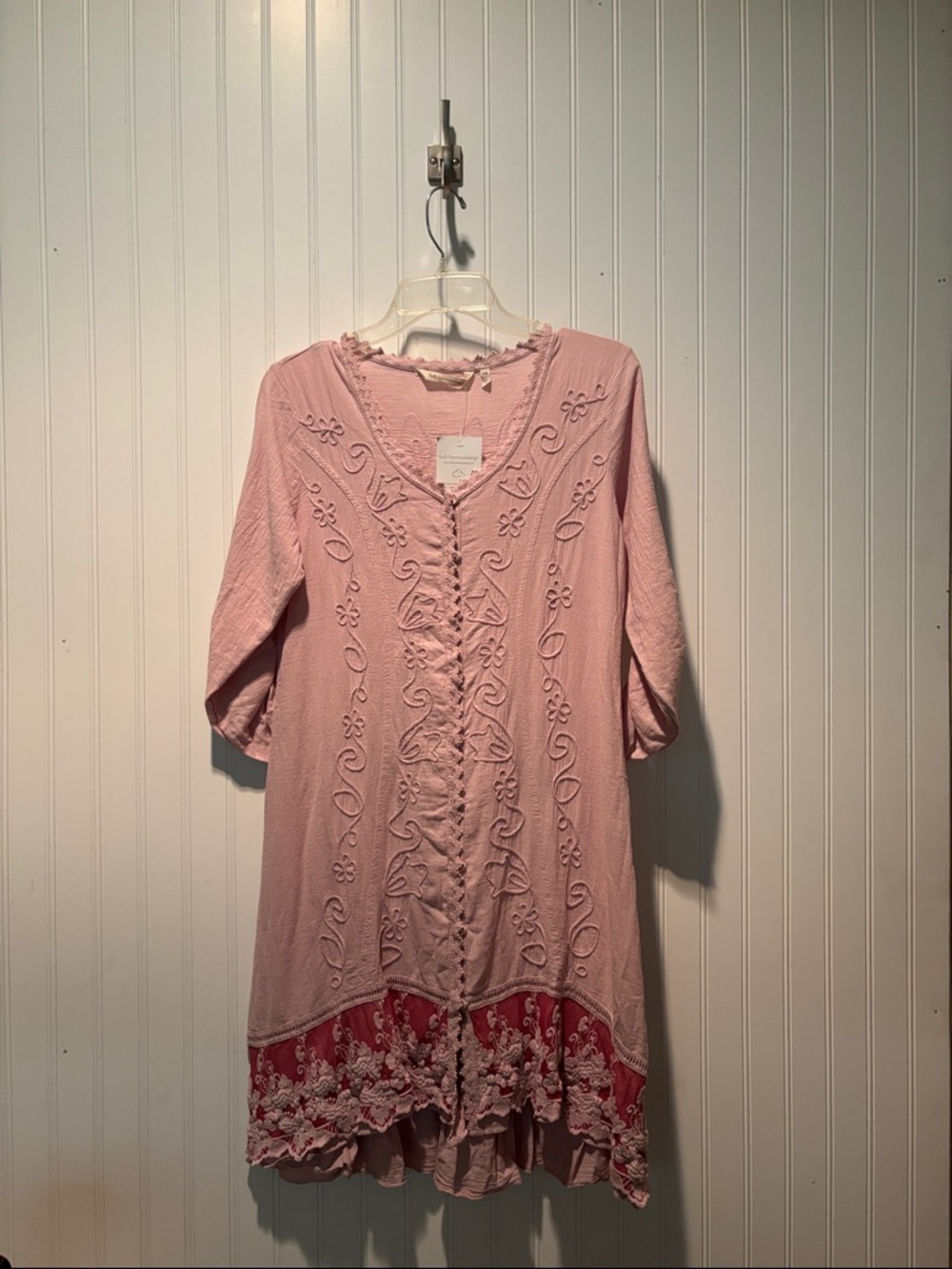 NWT Soft Surroundings Cotton Blush Pink Textured Dress with Lace Trim Sz PXS